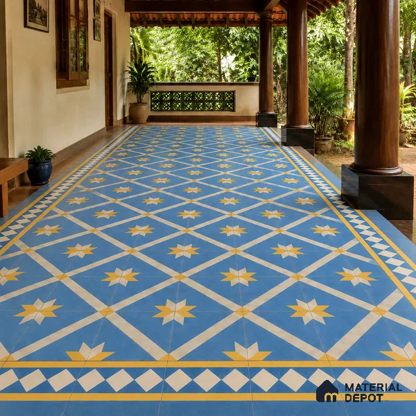 Athangudi Handmade Center Tile TL 10874 D Turquoise Sunstar 10 x 10 inch Concrete Pearl Finish - 18 mm | Suitable for Indoor Flooring in Living Room, Bedroom, Dining Area & Foyer