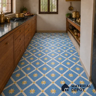 Athangudi Handmade Center Tile TL 10874 D Turquoise Sunstar 10 x 10 inch Concrete Pearl Finish - 18 mm | Suitable for Indoor Flooring in Living Room, Bedroom, Dining Area & Foyer