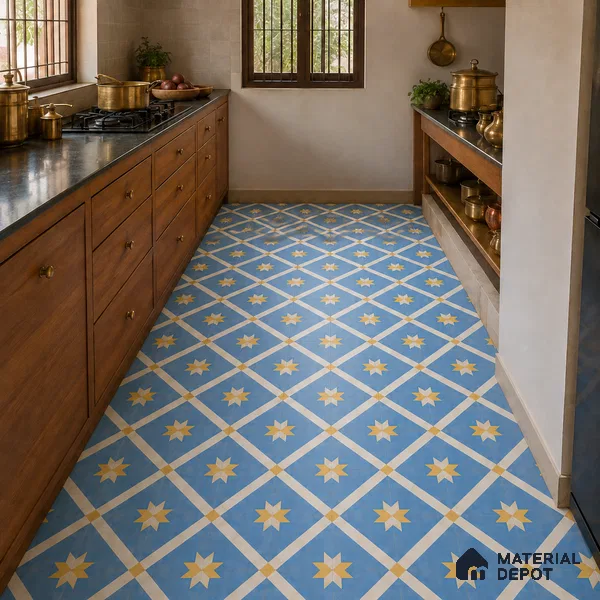 Athangudi Handmade Center Tile TL 10874 D Turquoise Sunstar 10 x 10 inch Concrete Pearl Finish - 18 mm | Suitable for Indoor Flooring in Living Room, Bedroom, Dining Area & Foyer