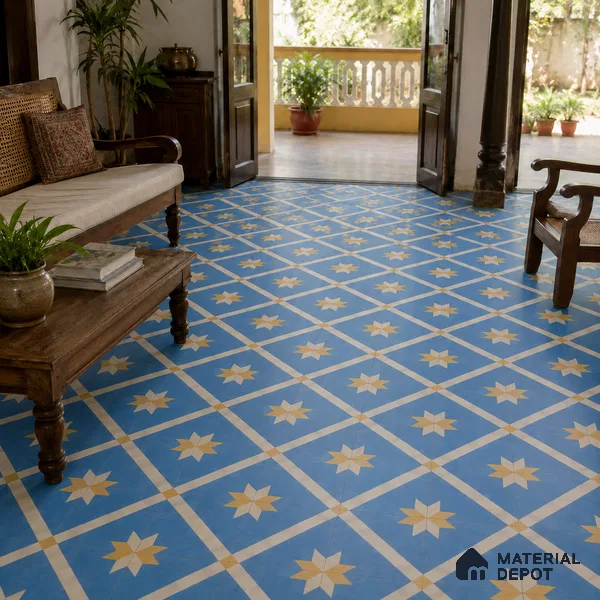 Athangudi Handmade Center Tile TL 10874 D Turquoise Sunstar 10 x 10 inch Concrete Pearl Finish - 18 mm | Suitable for Indoor Flooring in Living Room, Bedroom, Dining Area & Foyer