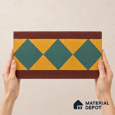 Athangudi Handmade Border Tile TL 10874 E Peacock Star Garden 10 x 5 inch Concrete Pearl Finish - 18 mm | Suitable for Decorative Floor Borders in Living Room, Bedroom, Dining Area & Foyer