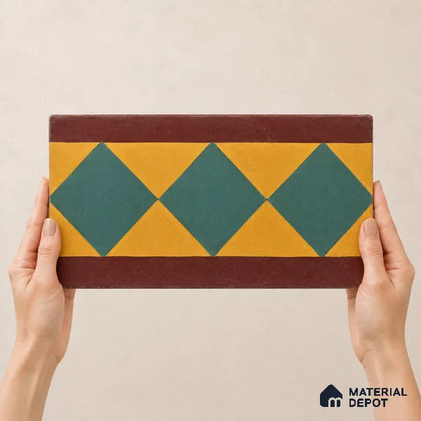 Athangudi Handmade Border Tile TL 10874 E Peacock Star Garden 10 x 5 inch Concrete Pearl Finish - 18 mm | Suitable for Decorative Floor Borders in Living Room, Bedroom, Dining Area & Foyer