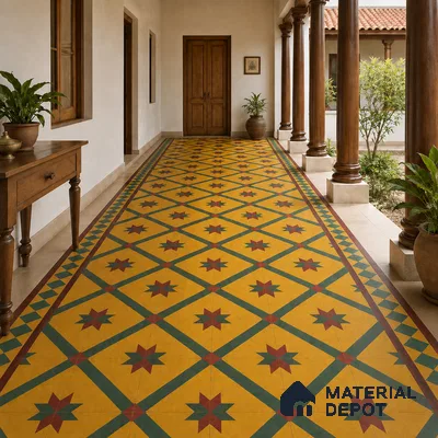 Athangudi Handmade Border Tile TL 10874 E Peacock Star Garden 10 x 5 inch Concrete Pearl Finish - 18 mm | Suitable for Decorative Floor Borders in Living Room, Bedroom, Dining Area & Foyer