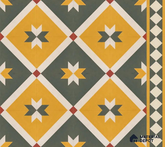 Athangudi Handmade Border Tile TL 10874 G Emerald Sunstar 10 x 5 inch Concrete Pearl Finish - 18 mm | Suitable for Decorative Floor Borders in Living Room, Bedroom, Dining Area & Foyer