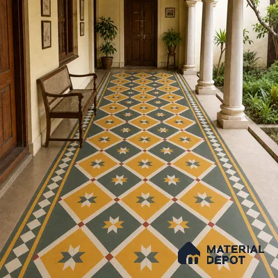 Athangudi Handmade Border Tile TL 10874 G Emerald Sunstar 10 x 5 inch Concrete Pearl Finish - 18 mm | Suitable for Decorative Floor Borders in Living Room, Bedroom, Dining Area & Foyer
