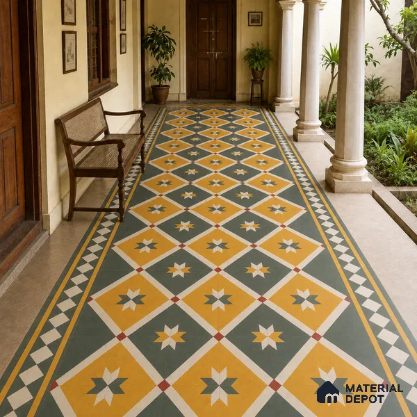 Athangudi Handmade Border Tile TL 10874 G Emerald Sunstar 10 x 5 inch Concrete Pearl Finish - 18 mm | Suitable for Decorative Floor Borders in Living Room, Bedroom, Dining Area & Foyer