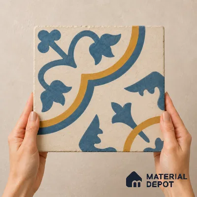 Athangudi Handmade Center Tile TL 10875 Indigo Arabesque 10 x 10 inch Concrete Pearl Finish - 18 mm | Suitable for Indoor Flooring in Living Room, Bedroom, Dining Area & Foyer