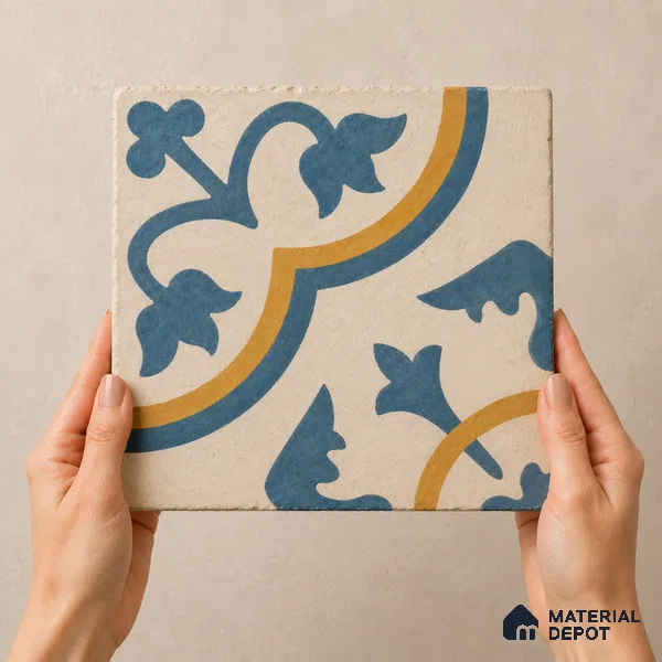 Athangudi Handmade Center Tile TL 10875 Indigo Arabesque 10 x 10 inch Concrete Pearl Finish - 18 mm | Suitable for Indoor Flooring in Living Room, Bedroom, Dining Area & Foyer