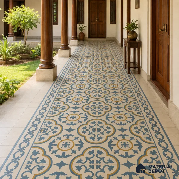 Athangudi Handmade Center Tile TL 10875 Indigo Arabesque 10 x 10 inch Concrete Pearl Finish - 18 mm | Suitable for Indoor Flooring in Living Room, Bedroom, Dining Area & Foyer