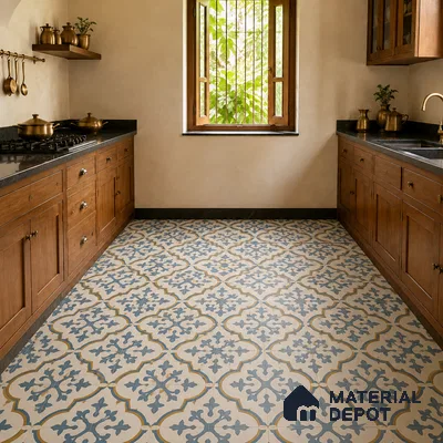 Athangudi Handmade Center Tile TL 10875 Indigo Arabesque 10 x 10 inch Concrete Pearl Finish - 18 mm | Suitable for Indoor Flooring in Living Room, Bedroom, Dining Area & Foyer