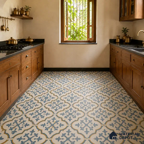 Athangudi Handmade Center Tile TL 10875 Indigo Arabesque 10 x 10 inch Concrete Pearl Finish - 18 mm | Suitable for Indoor Flooring in Living Room, Bedroom, Dining Area & Foyer