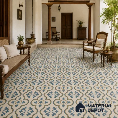 Athangudi Handmade Center Tile TL 10875 Indigo Arabesque 10 x 10 inch Concrete Pearl Finish - 18 mm | Suitable for Indoor Flooring in Living Room, Bedroom, Dining Area & Foyer