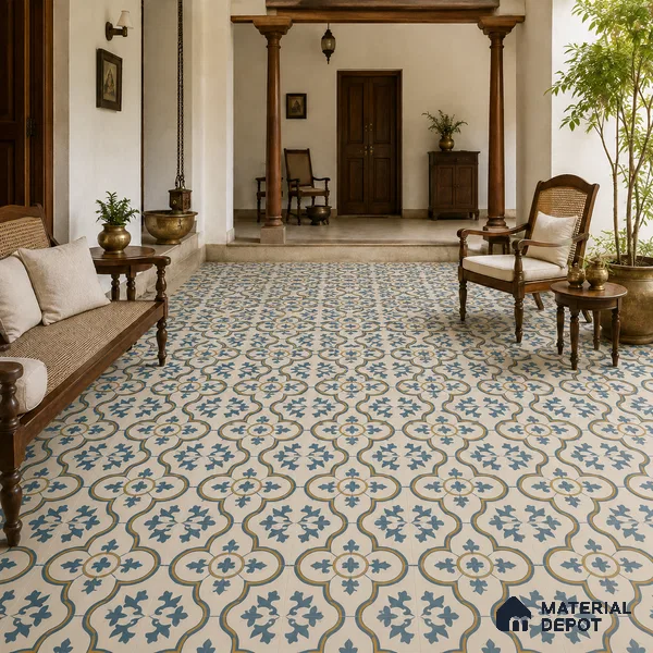 Athangudi Handmade Center Tile TL 10875 Indigo Arabesque 10 x 10 inch Concrete Pearl Finish - 18 mm | Suitable for Indoor Flooring in Living Room, Bedroom, Dining Area & Foyer