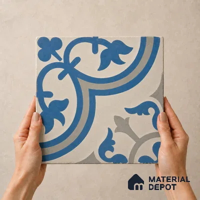 Athangudi Handmade Center Tile TL 10875 B Azure Courtyard Medallion 10 x 10 inch Concrete Pearl Finish - 18 mm | Suitable for Indoor Flooring in Living Room, Bedroom, Dining Area & Foyer