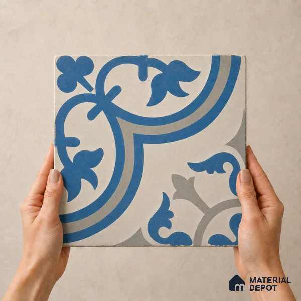 Athangudi Handmade Center Tile TL 10875 B Azure Courtyard Medallion 10 x 10 inch Concrete Pearl Finish - 18 mm | Suitable for Indoor Flooring in Living Room, Bedroom, Dining Area & Foyer