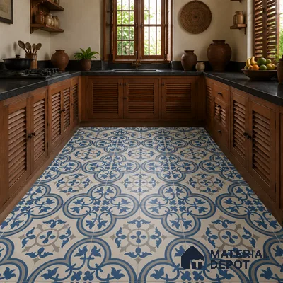 Athangudi Handmade Center Tile TL 10875 B Azure Courtyard Medallion 10 x 10 inch Concrete Pearl Finish - 18 mm | Suitable for Indoor Flooring in Living Room, Bedroom, Dining Area & Foyer