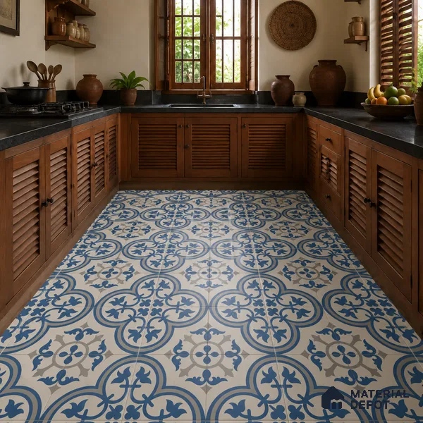 Athangudi Handmade Center Tile TL 10875 B Azure Courtyard Medallion 10 x 10 inch Concrete Pearl Finish - 18 mm | Suitable for Indoor Flooring in Living Room, Bedroom, Dining Area & Foyer