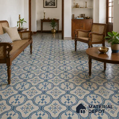 Athangudi Handmade Center Tile TL 10875 B Azure Courtyard Medallion 10 x 10 inch Concrete Pearl Finish - 18 mm | Suitable for Indoor Flooring in Living Room, Bedroom, Dining Area & Foyer