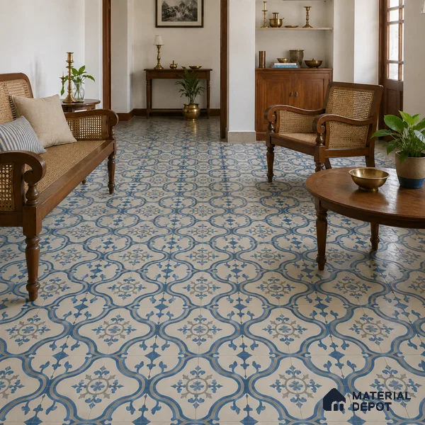 Athangudi Handmade Center Tile TL 10875 B Azure Courtyard Medallion 10 x 10 inch Concrete Pearl Finish - 18 mm | Suitable for Indoor Flooring in Living Room, Bedroom, Dining Area & Foyer