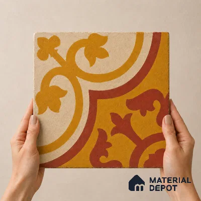 Athangudi Handmade Center Tile TL 10875 C Saffron Palace Medallion 10 x 10 inch Concrete Pearl Finish - 18 mm | Suitable for Indoor Flooring in Living Room, Bedroom, Dining Area & Foyer