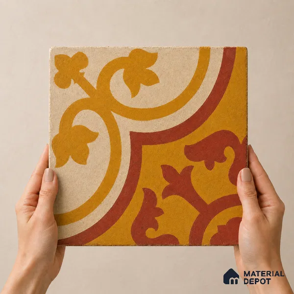 Athangudi Handmade Center Tile TL 10875 C Saffron Palace Medallion 10 x 10 inch Concrete Pearl Finish - 18 mm | Suitable for Indoor Flooring in Living Room, Bedroom, Dining Area & Foyer