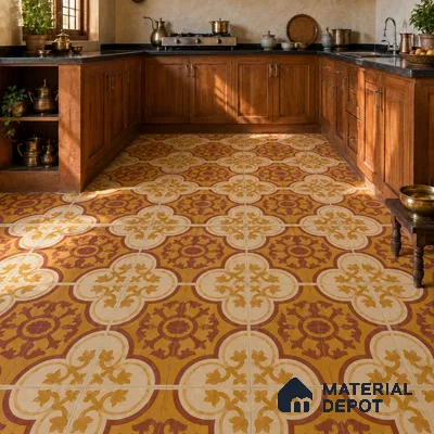 Athangudi Handmade Center Tile TL 10875 C Saffron Palace Medallion 10 x 10 inch Concrete Pearl Finish - 18 mm | Suitable for Indoor Flooring in Living Room, Bedroom, Dining Area & Foyer