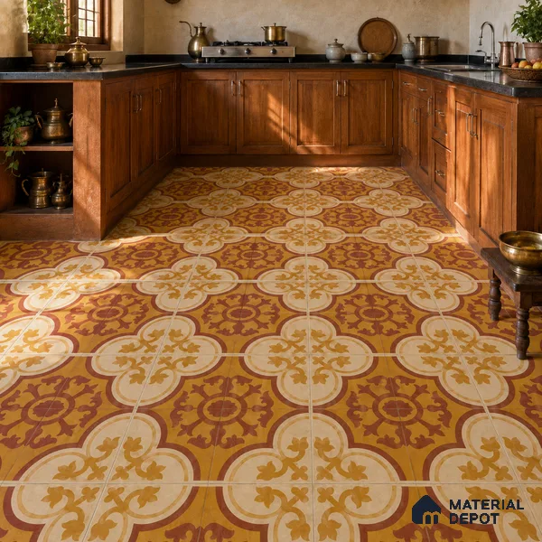 Athangudi Handmade Center Tile TL 10875 C Saffron Palace Medallion 10 x 10 inch Concrete Pearl Finish - 18 mm | Suitable for Indoor Flooring in Living Room, Bedroom, Dining Area & Foyer