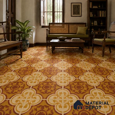 Athangudi Handmade Center Tile TL 10875 C Saffron Palace Medallion 10 x 10 inch Concrete Pearl Finish - 18 mm | Suitable for Indoor Flooring in Living Room, Bedroom, Dining Area & Foyer