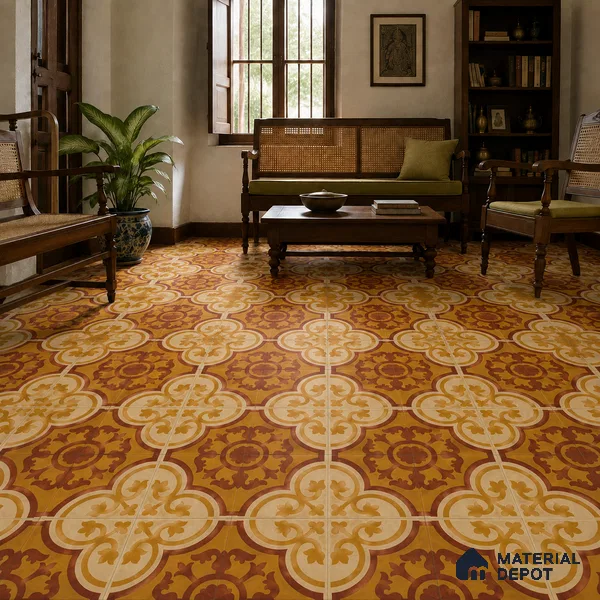 Athangudi Handmade Center Tile TL 10875 C Saffron Palace Medallion 10 x 10 inch Concrete Pearl Finish - 18 mm | Suitable for Indoor Flooring in Living Room, Bedroom, Dining Area & Foyer
