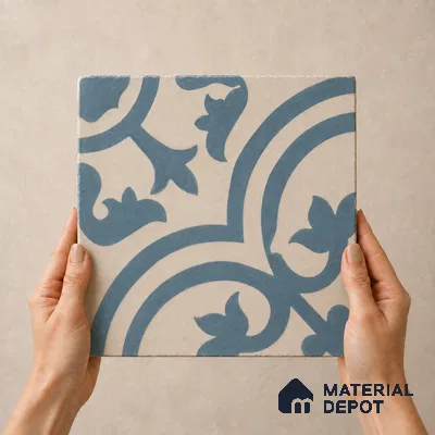 Athangudi Handmade Center Tile TL 10875 D Silver Arabesque 10 x 10 inch Concrete Pearl Finish - 18 mm | Suitable for Indoor Flooring in Living Room, Bedroom, Dining Area & Foyer