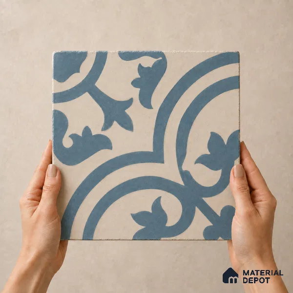 Athangudi Handmade Center Tile TL 10875 D Silver Arabesque 10 x 10 inch Concrete Pearl Finish - 18 mm | Suitable for Indoor Flooring in Living Room, Bedroom, Dining Area & Foyer