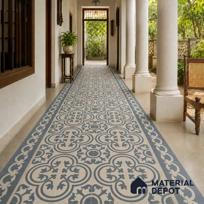 Athangudi Handmade Center Tile TL 10875 D Silver Arabesque 10 x 10 inch Concrete Pearl Finish - 18 mm | Suitable for Indoor Flooring in Living Room, Bedroom, Dining Area & Foyer