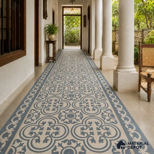 Athangudi Handmade Center Tile TL 10875 D Silver Arabesque 10 x 10 inch Concrete Pearl Finish - 18 mm | Suitable for Indoor Flooring in Living Room, Bedroom, Dining Area & Foyer