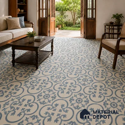 Athangudi Handmade Center Tile TL 10875 D Silver Arabesque 10 x 10 inch Concrete Pearl Finish - 18 mm | Suitable for Indoor Flooring in Living Room, Bedroom, Dining Area & Foyer