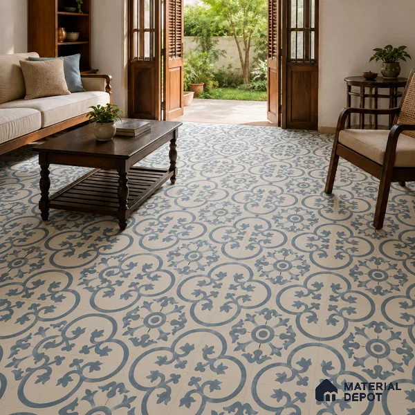 Athangudi Handmade Center Tile TL 10875 D Silver Arabesque 10 x 10 inch Concrete Pearl Finish - 18 mm | Suitable for Indoor Flooring in Living Room, Bedroom, Dining Area & Foyer