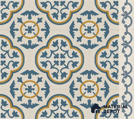 Athangudi Handmade Border Tile TL 10875 E Indigo Arabesque 10 x 5 inch Concrete Pearl Finish - 18 mm | Suitable for Decorative Floor Borders in Living Room, Bedroom, Dining Area & Foyer