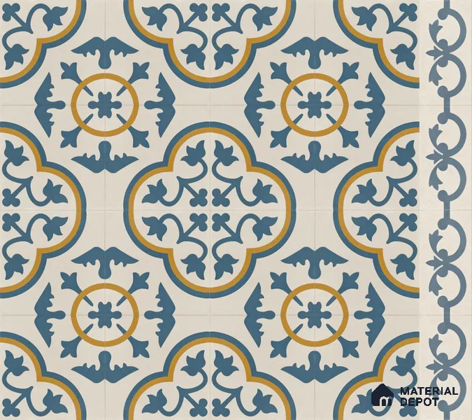 Athangudi Handmade Border Tile TL 10875 E Indigo Arabesque 10 x 5 inch Concrete Pearl Finish - 18 mm | Suitable for Decorative Floor Borders in Living Room, Bedroom, Dining Area & Foyer