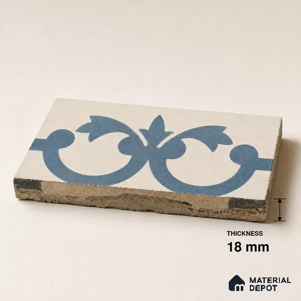 Athangudi Handmade Border Tile TL 10875 E Indigo Arabesque 10 x 5 inch Concrete Pearl Finish - 18 mm | Suitable for Decorative Floor Borders in Living Room, Bedroom, Dining Area & Foyer