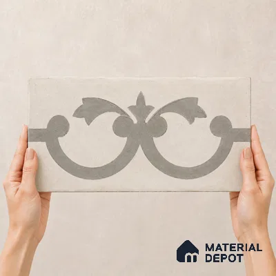 Athangudi Handmade Border Tile TL 10875 E Indigo Arabesque 10 x 5 inch Concrete Pearl Finish - 18 mm | Suitable for Decorative Floor Borders in Living Room, Bedroom, Dining Area & Foyer