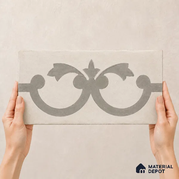 Athangudi Handmade Border Tile TL 10875 E Indigo Arabesque 10 x 5 inch Concrete Pearl Finish - 18 mm | Suitable for Decorative Floor Borders in Living Room, Bedroom, Dining Area & Foyer