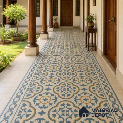 Athangudi Handmade Border Tile TL 10875 E Indigo Arabesque 10 x 5 inch Concrete Pearl Finish - 18 mm | Suitable for Decorative Floor Borders in Living Room, Bedroom, Dining Area & Foyer
