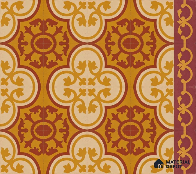 Athangudi Handmade Border Tile TL 10875 G Saffron Palace Medallion 10 x 5 inch Concrete Pearl Finish - 18 mm | Suitable for Decorative Floor Borders in Living Room, Bedroom, Dining Area & Foyer