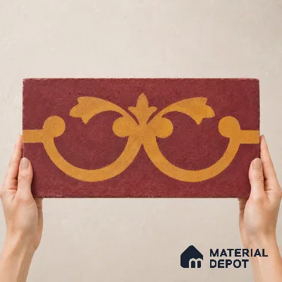 Athangudi Handmade Border Tile TL 10875 G Saffron Palace Medallion 10 x 5 inch Concrete Pearl Finish - 18 mm | Suitable for Decorative Floor Borders in Living Room, Bedroom, Dining Area & Foyer