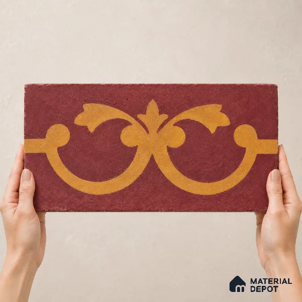 Athangudi Handmade Border Tile TL 10875 G Saffron Palace Medallion 10 x 5 inch Concrete Pearl Finish - 18 mm | Suitable for Decorative Floor Borders in Living Room, Bedroom, Dining Area & Foyer