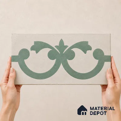 Athangudi Handmade Border Tile TL 10875 H Silver Arabesque 10 x 5 inch Concrete Pearl Finish - 18 mm | Suitable for Decorative Floor Borders in Living Room, Bedroom, Dining Area & Foyer