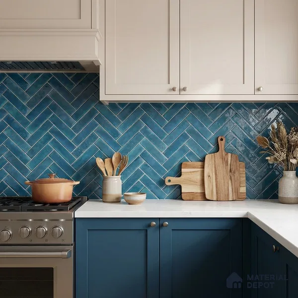 Faux Subway Wall Tile TL 11683 Indigo Herringbone 2 ft x 1 ft Ceramic Glossy Finish Tile - 9 mm | Suitable For Bathroom, Basin Area, Kitchen Backsplash
