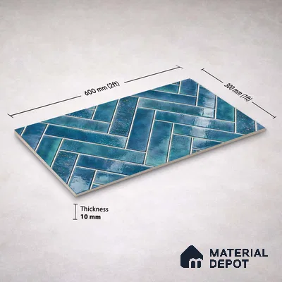 Faux Subway Wall Tile TL 11683 Indigo Herringbone 2 ft x 1 ft Ceramic Glossy Finish Tile - 9 mm | Suitable For Bathroom, Basin Area, Kitchen Backsplash