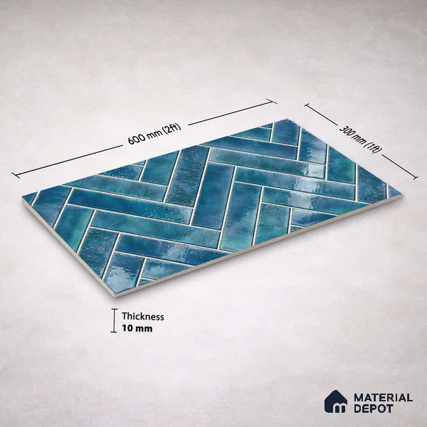 Faux Subway Wall Tile TL 11683 Indigo Herringbone 2 ft x 1 ft Ceramic Glossy Finish Tile - 9 mm | Suitable For Bathroom, Basin Area, Kitchen Backsplash