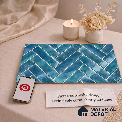 Faux Subway Wall Tile TL 11683 Indigo Herringbone 2 ft x 1 ft Ceramic Glossy Finish Tile - 9 mm | Suitable For Bathroom, Basin Area, Kitchen Backsplash