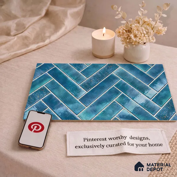 Faux Subway Wall Tile TL 11683 Indigo Herringbone 2 ft x 1 ft Ceramic Glossy Finish Tile - 9 mm | Suitable For Bathroom, Basin Area, Kitchen Backsplash